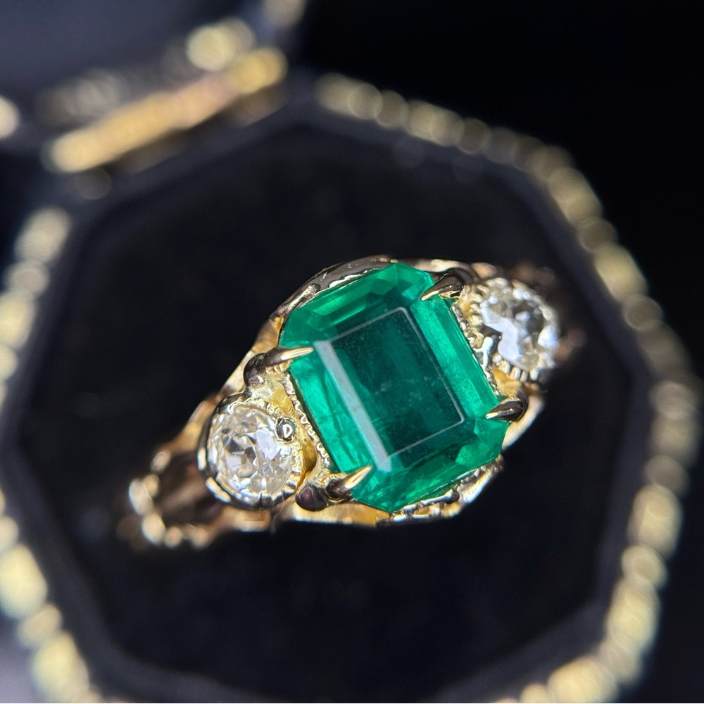 Georgian Emerald Old Mine Cut Diamond Ring 18k Yellow Gold